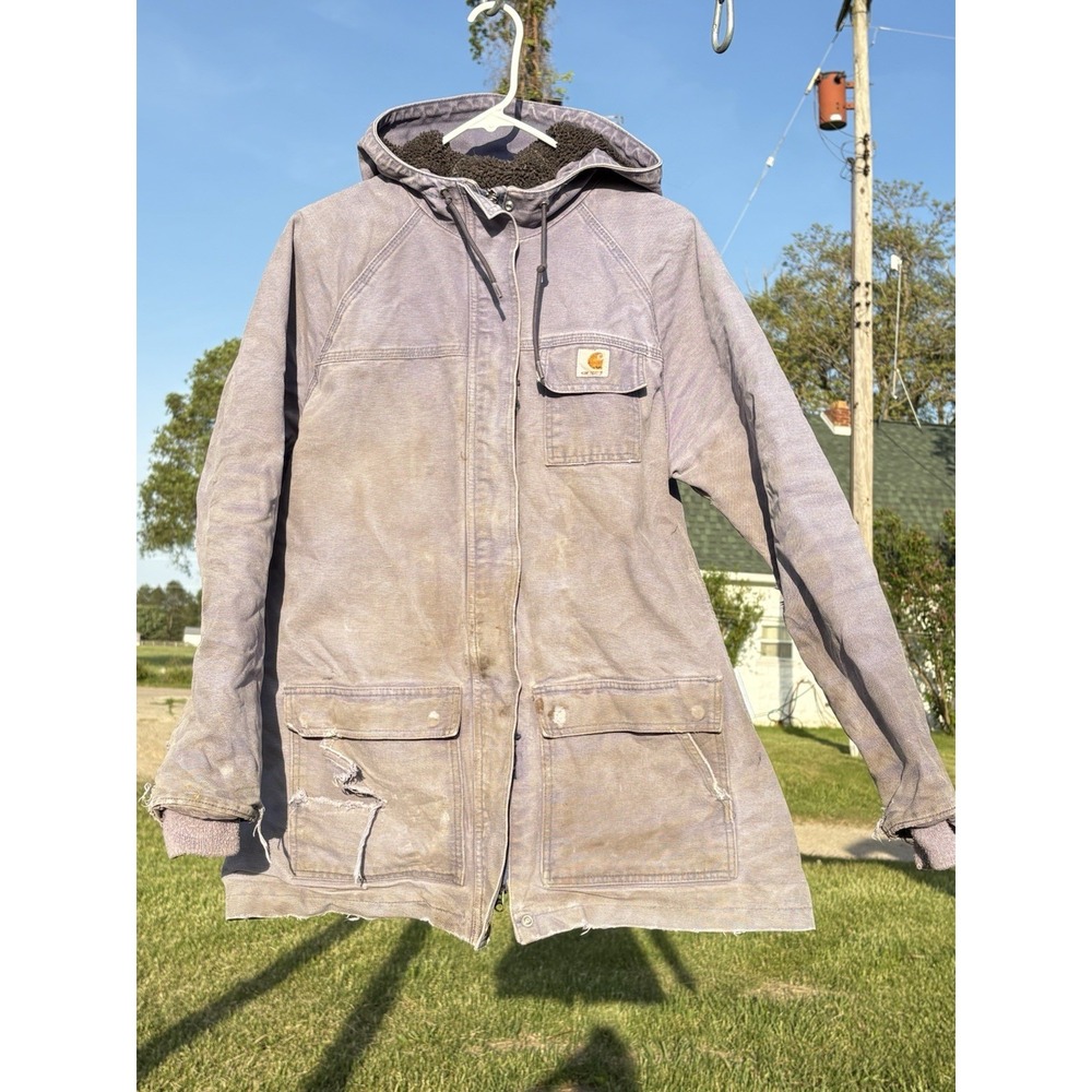 Vtg Carhartt Thrashed Lavender Hooded Jacket Kids XL 16/18 Womens S Med Boxy